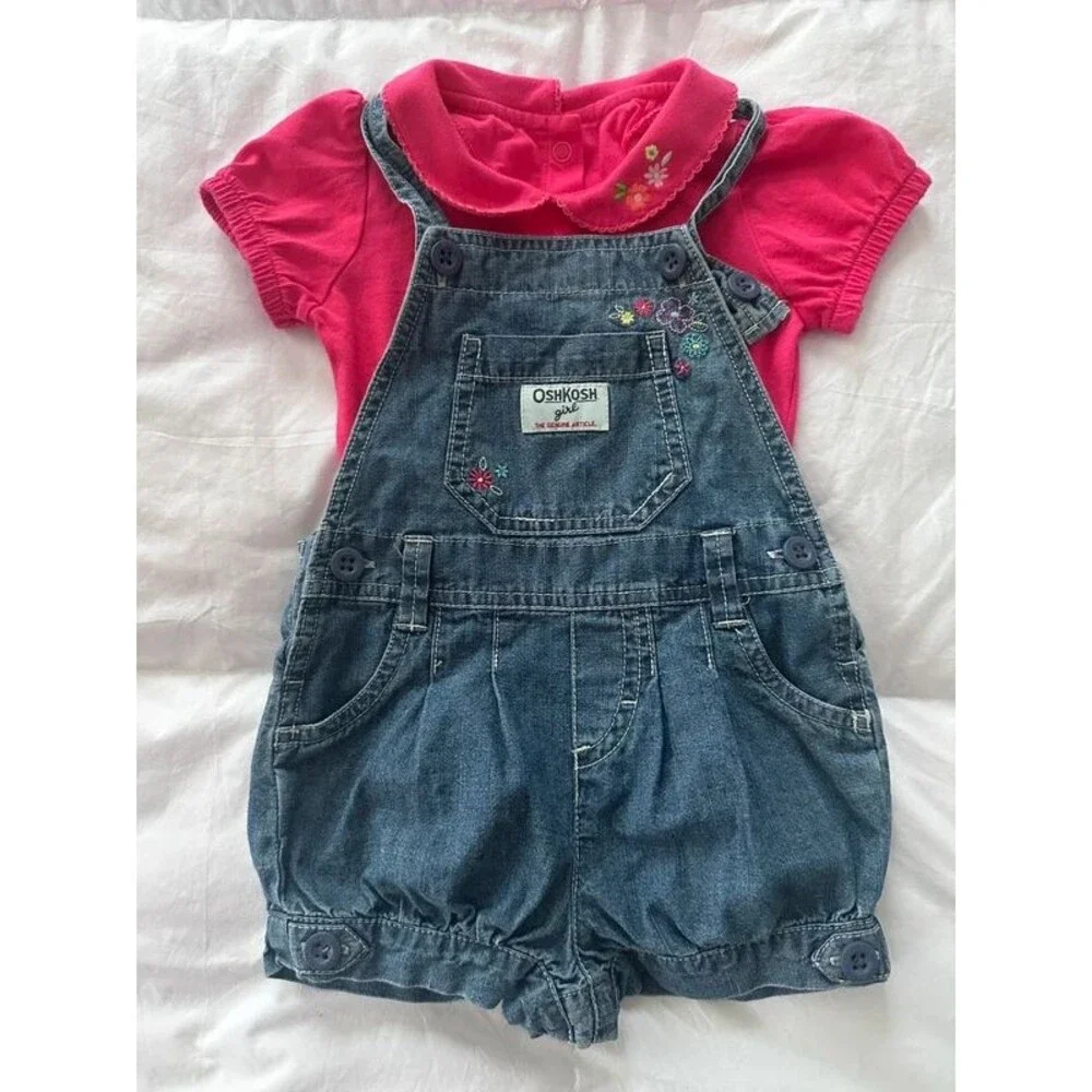 VTG OshKosh B’gosh Girl Denim Bubble Shortalls Embroidered Floral Romper 18m